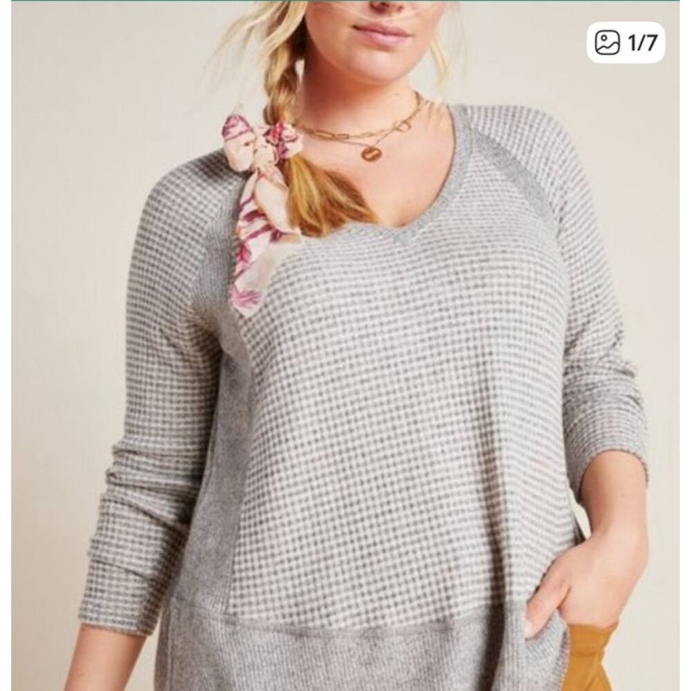 Anthropologie Eri + Ali Waffle Knit V-neck Gray Long Sleeve Dorotea Tunic Top, S